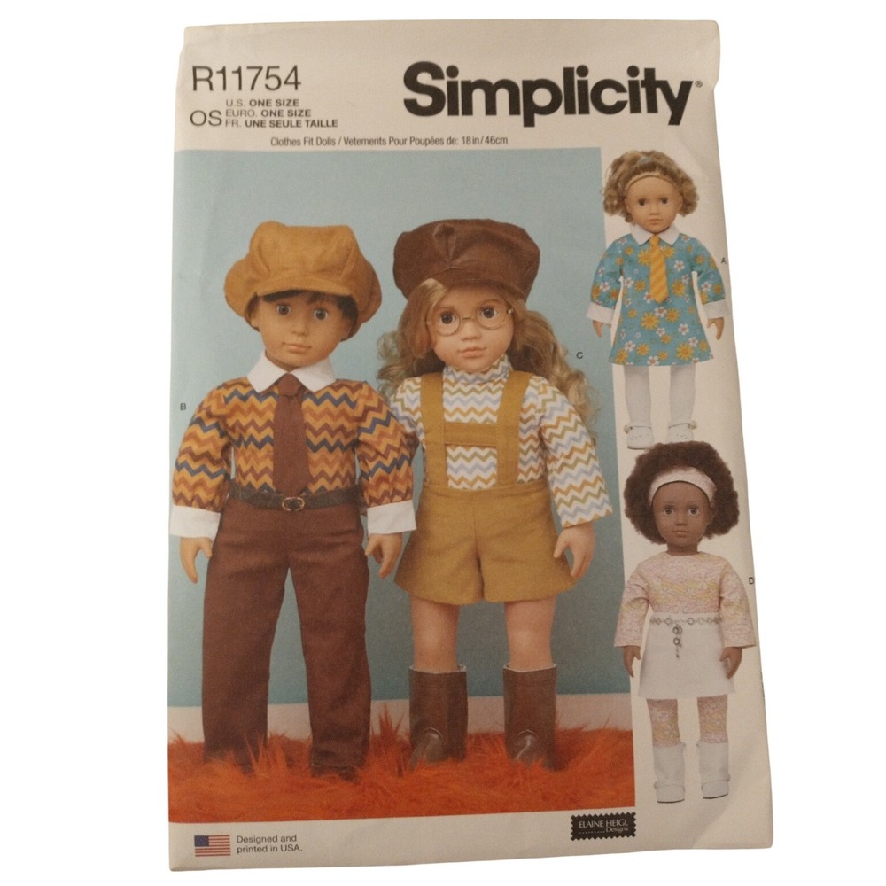 Simplicity R11754 18 inch Doll Clothes Sewing Pattern Dress Shirt Pants Cap OS